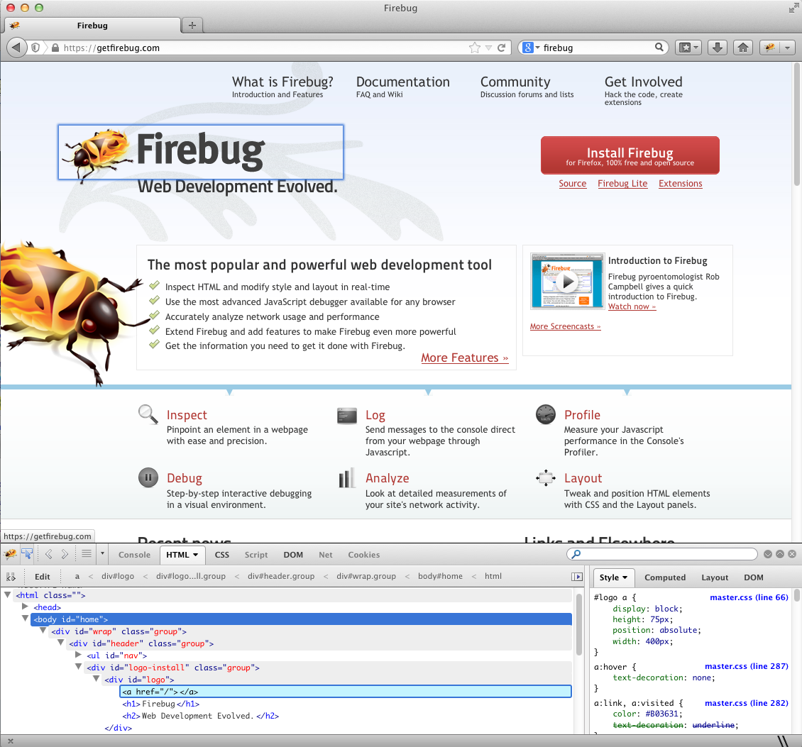 Here we are inspecting the Firebug image near the page header.