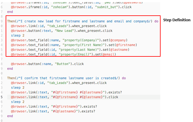The steps used in our feature file are defined here, with ruby code powering each step.